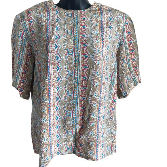 Retro Luxe Boho Silk Blouse 14 Tribal Floral Print Shoulder Pads Barrie Pace - Picture 1 of 5